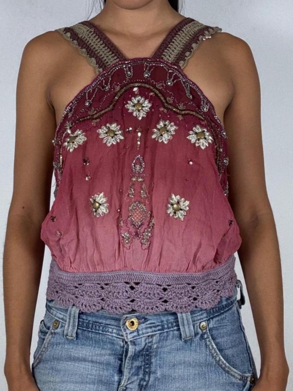 Y2K Free People pink & burgundy beaded halter top